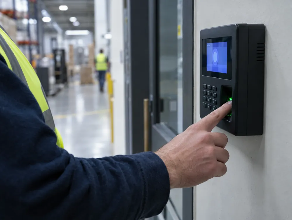 Employee using a fingerprint time and attendance terminal at a Dubai warehouse