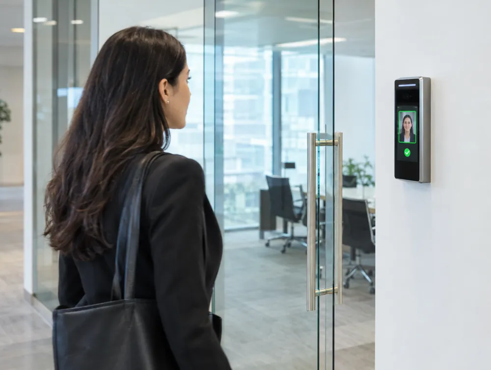 Face recognition access control terminal at a glass office door in Dubai