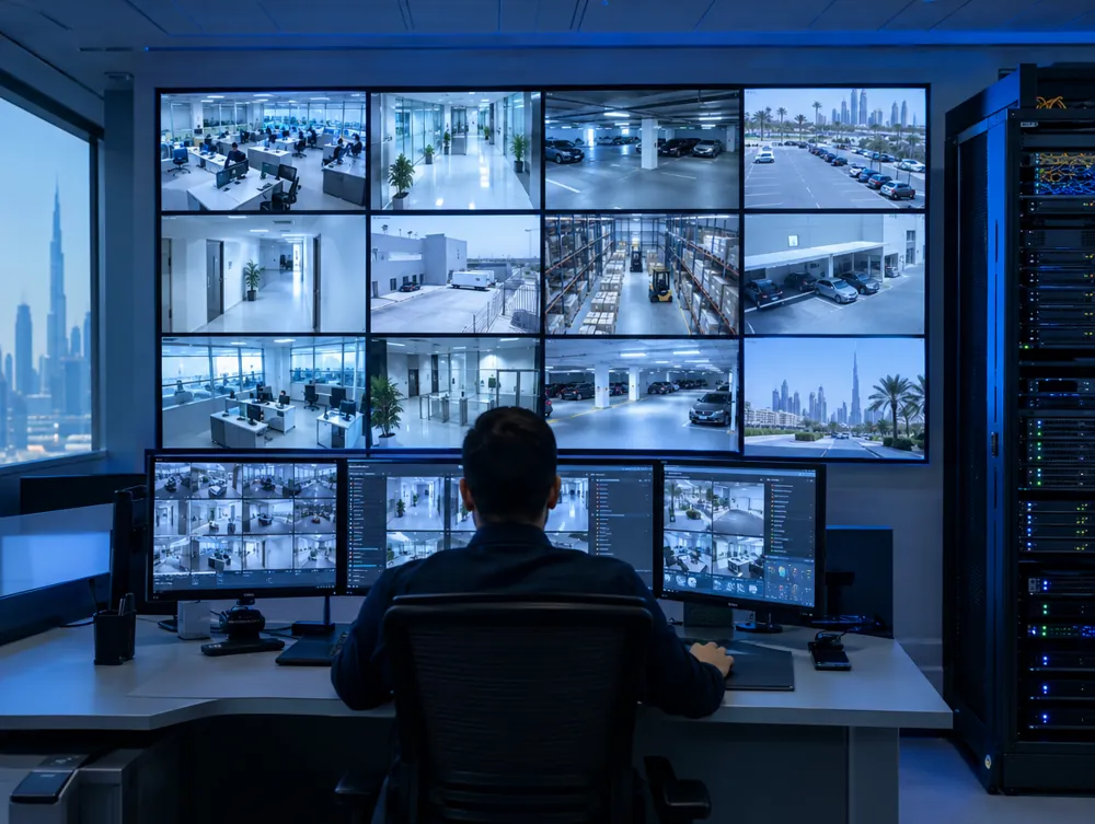 CCTV control room with video wall and NVR video management system in Dubai
