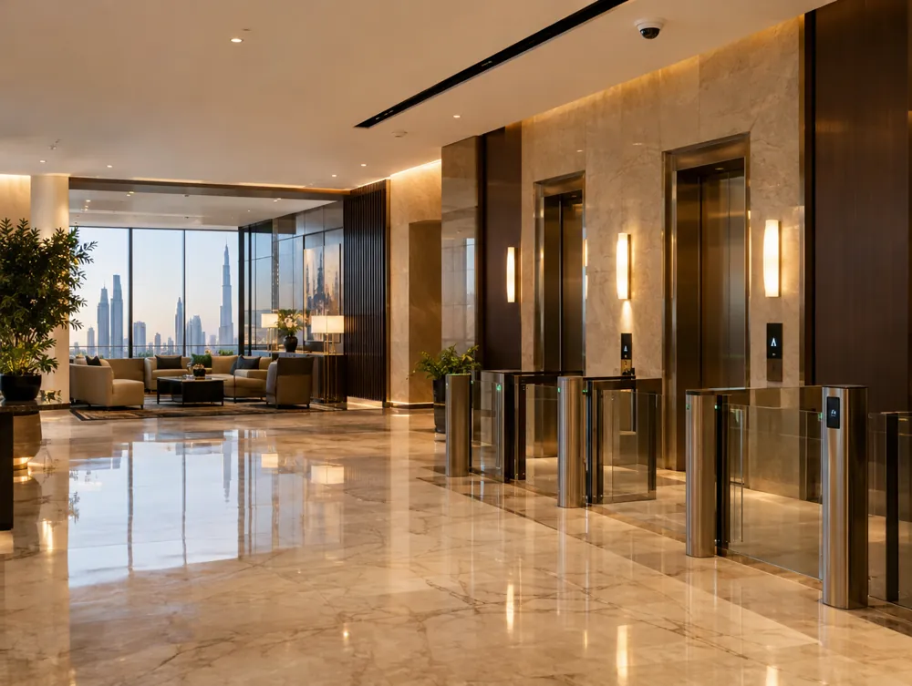 Hotel lobby in Dubai with discreet CCTV and access controlled lifts