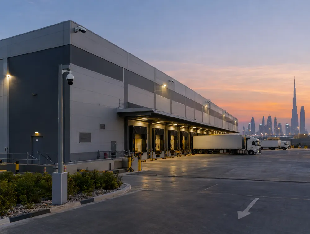 Warehouse perimeter with PTZ camera on a pole and corner cameras in Dubai