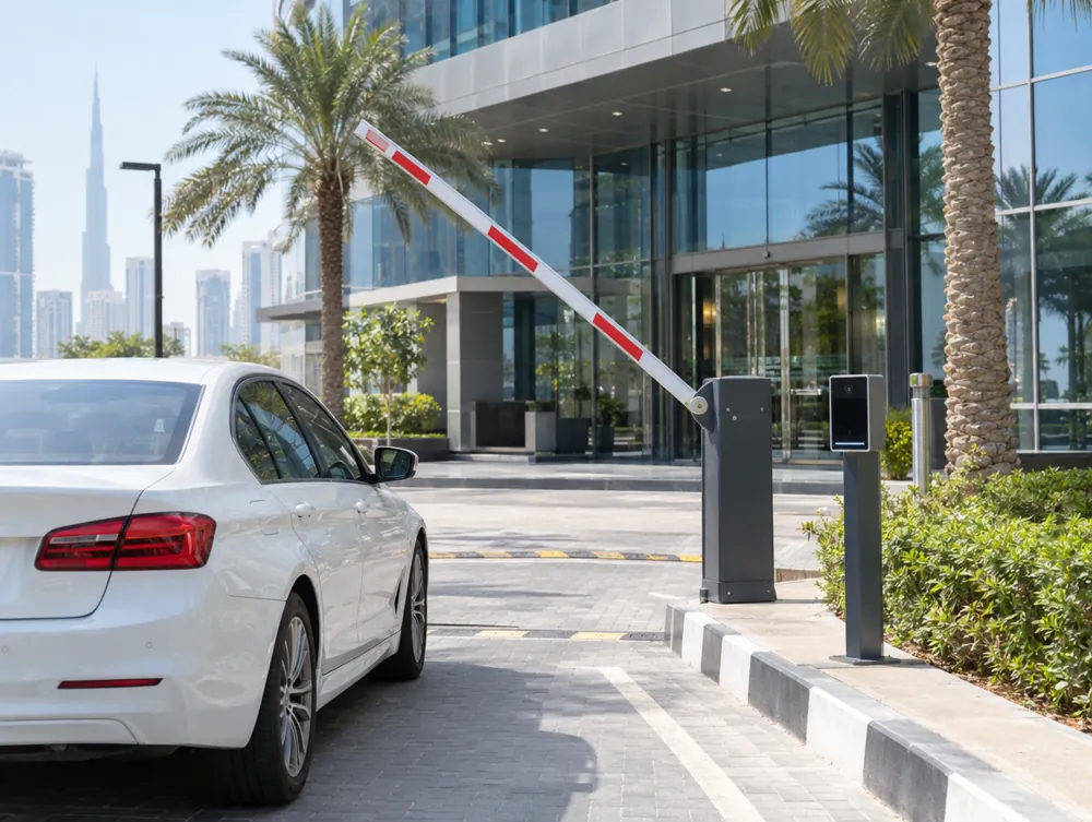 Automatic boom barrier opening at an office car park entrance in Dubai