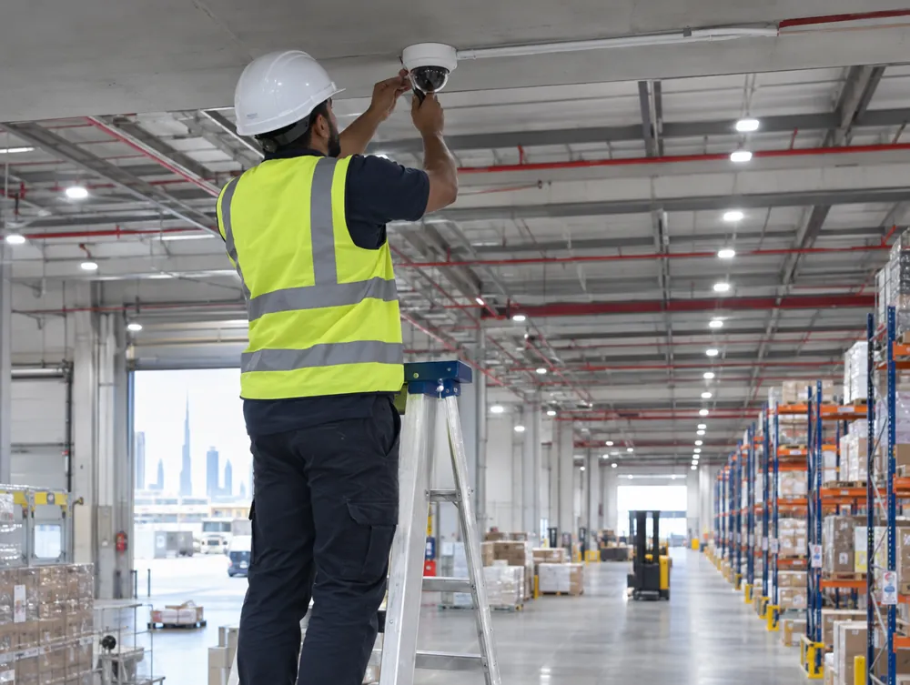 CCTV technician installing a dome camera in a Dubai warehouse