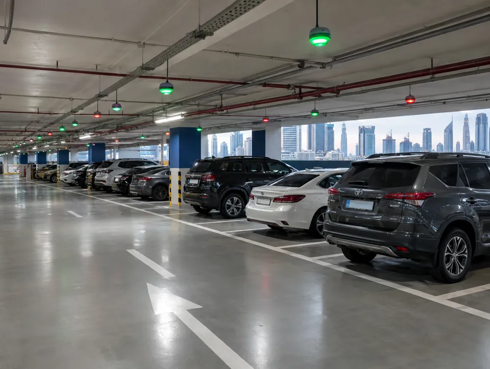 Parking guidance system with green and red bay indicators in a Dubai commercial car park