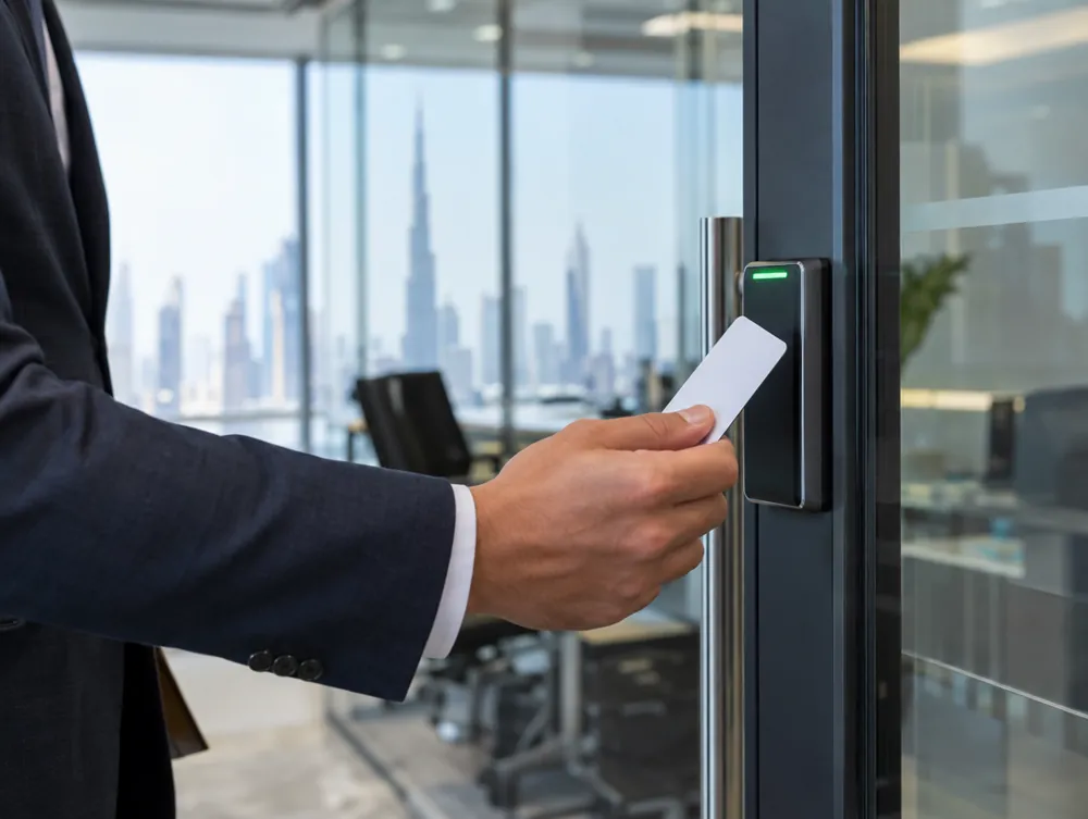 Employee tapping an RFID access card on a reader at a glass office door in Dubai