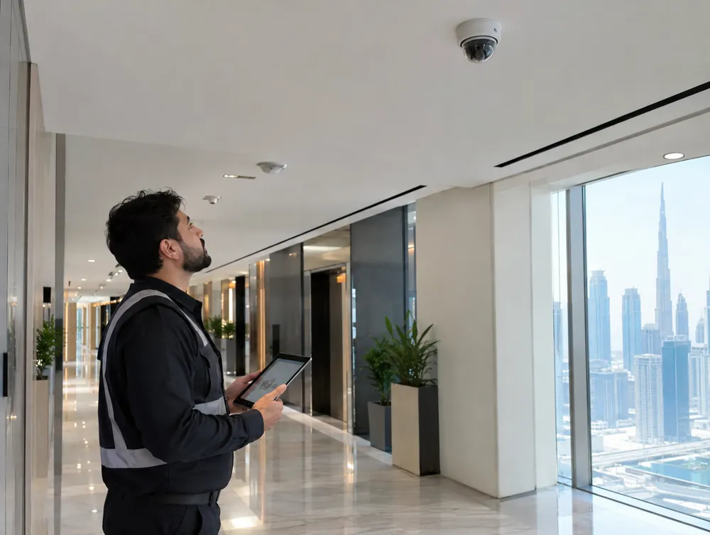 Security engineer checking CCTV coverage and recording on a tablet in Dubai